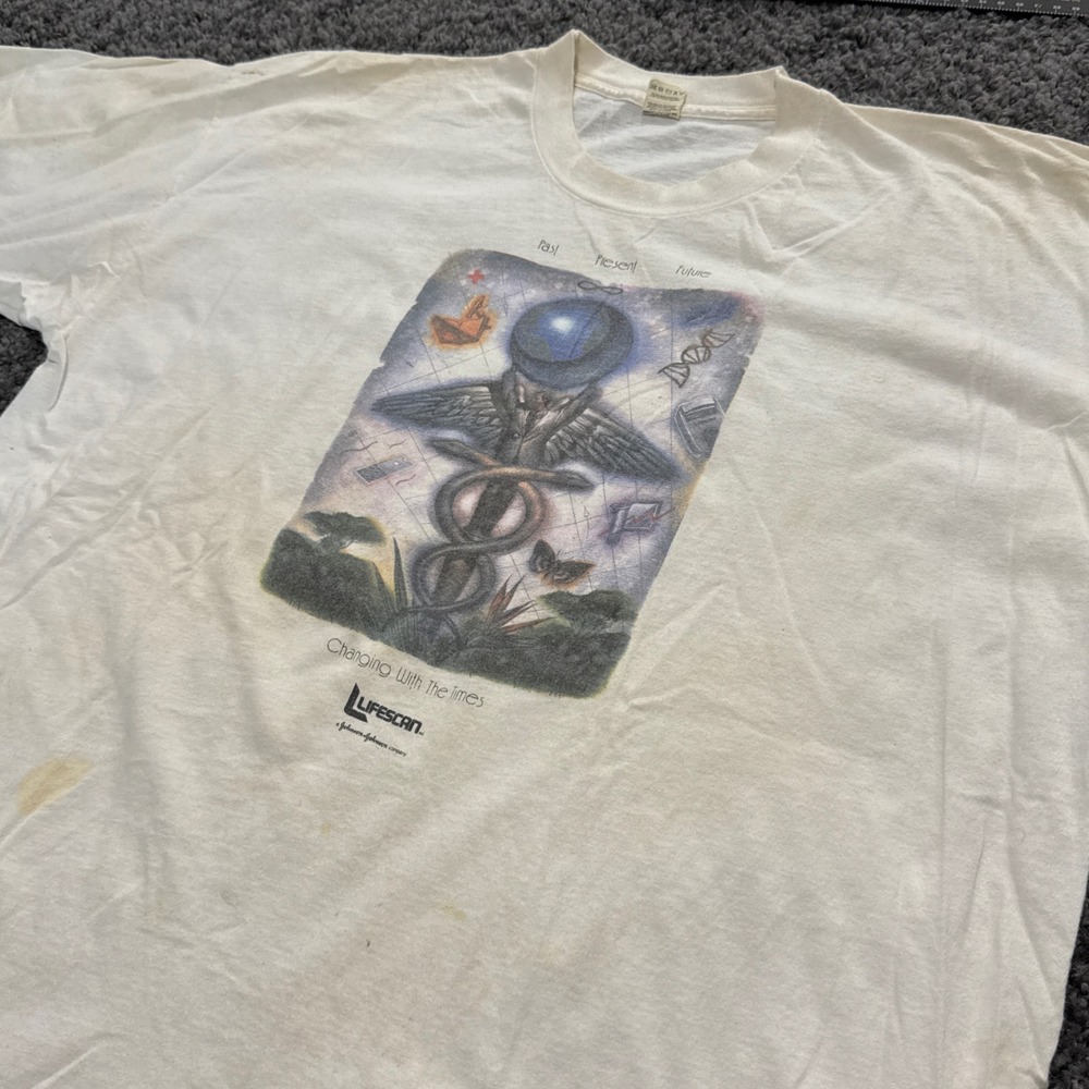 Vintage Screen Stars Lifescan Graphic T-Shirt Mens White Fair Single Stitch XL